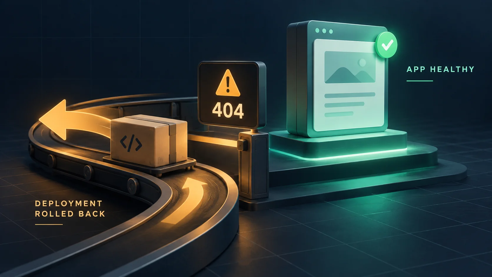 A deployment package rolls back after a 404 check while the application remains healthy.