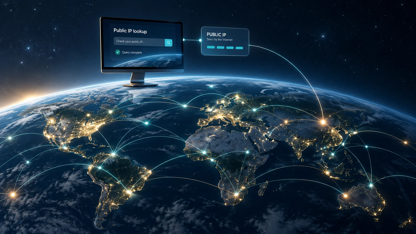 A PC monitor displaying a public IP lookup floats above Earth, connected to a global internet network.