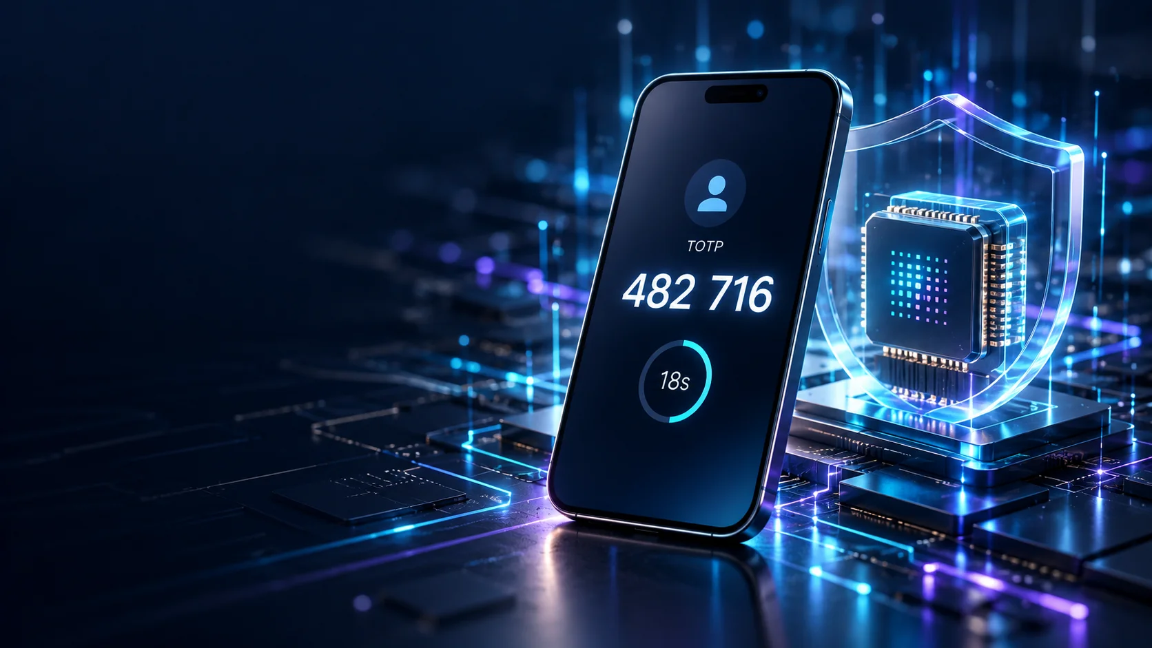 Smartphone displaying a TOTP authentication code and countdown beside a shield-protected security chip on an illuminated circuit board.