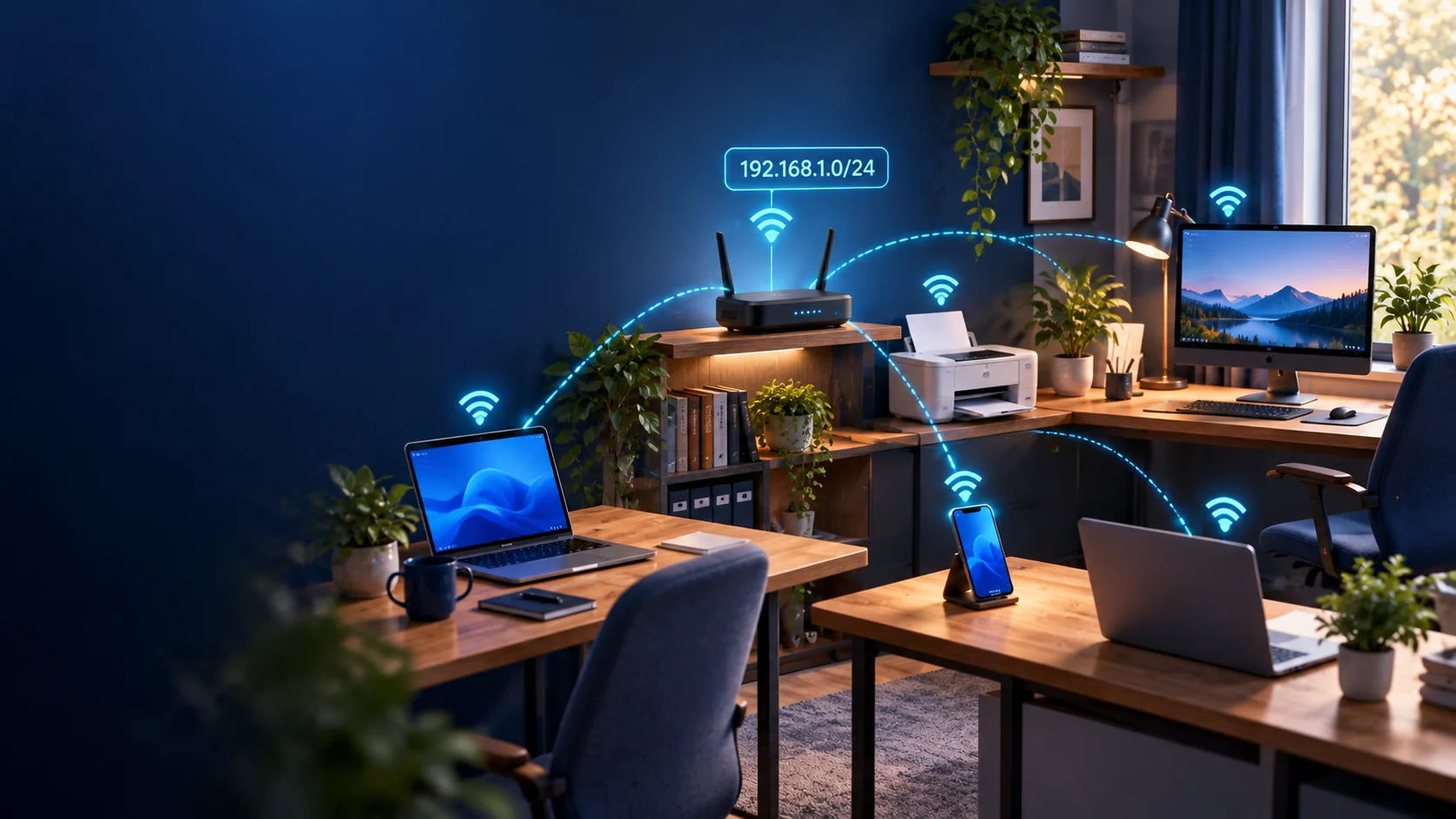 A Wi-Fi router connecting laptops, a desktop computer, a smartphone, and a shared printer in a home office, labelled 192.168.1.0/24