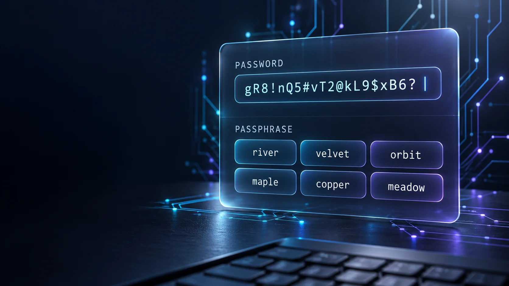Digital panel comparing a mixed-character password with a six-word passphrase above a keyboard